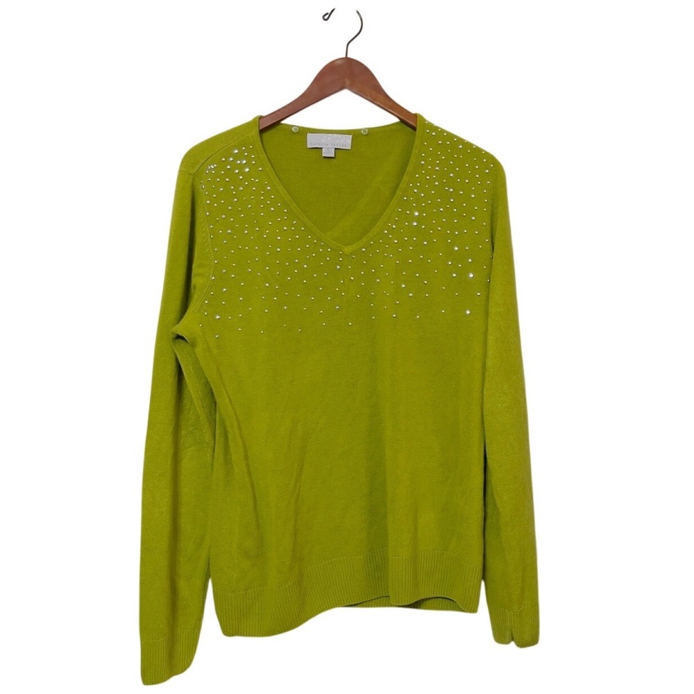 Carolyn Taylor Women Sweater XL Chartreuse Green Rhinestone V-Neck Long Sleeve